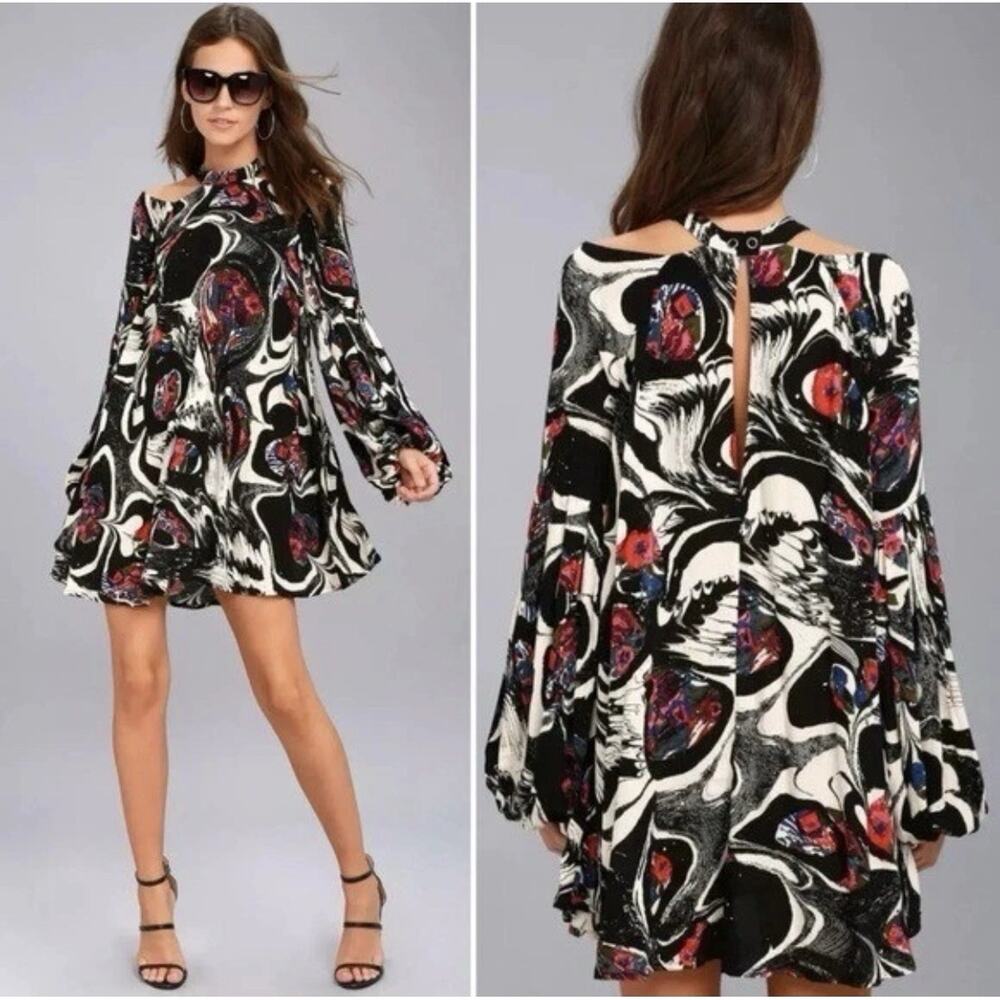 Free People Black Floral drift away swing cold shoulder mini‎ tunic dress XS